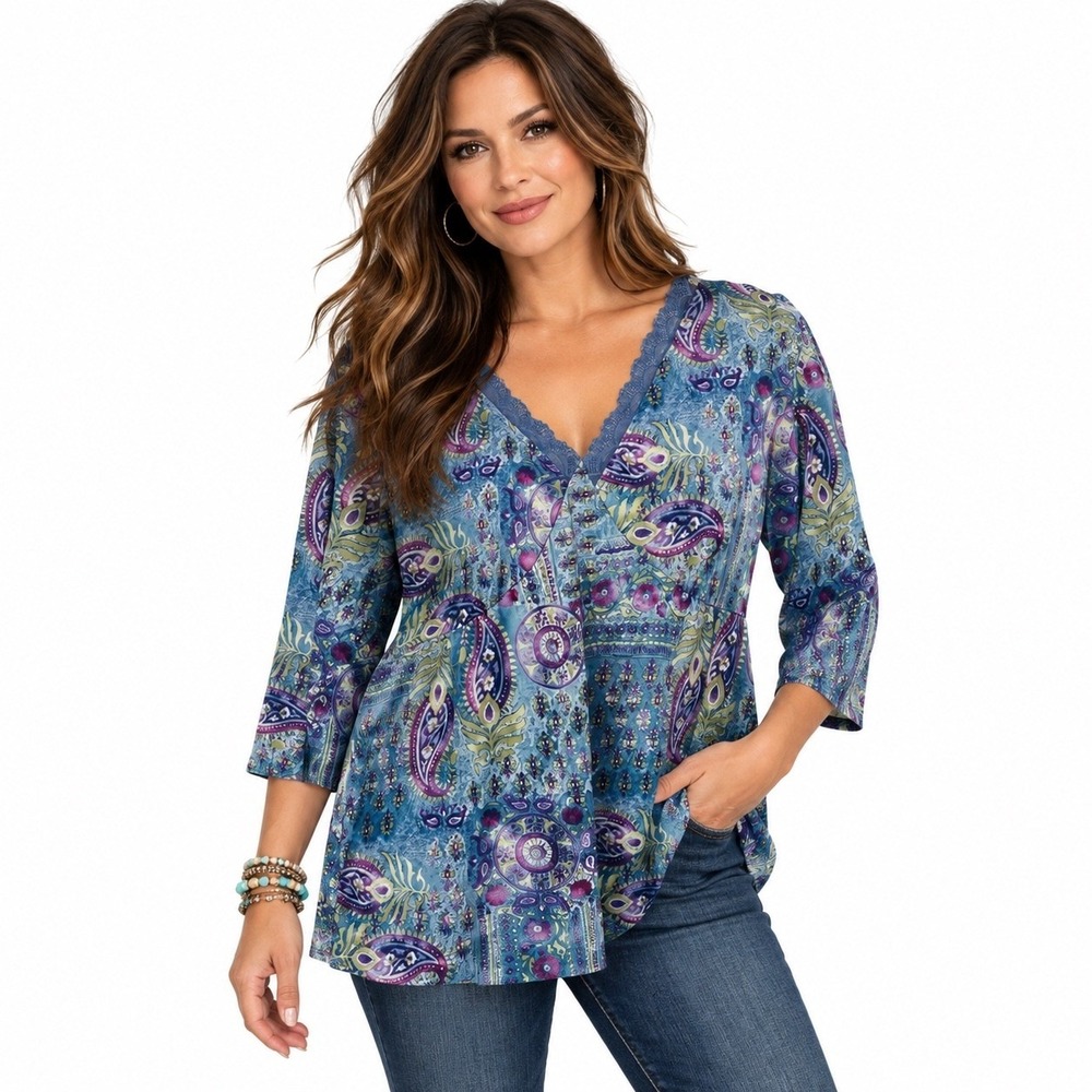 Roaman's Paisley V-Neck Tunic Women's Size 18/20 Blue Purple Lace Trim Boho Top